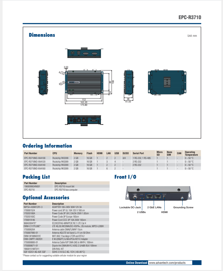 研華EPC-R3710 Rockchip RK3399 Cortex-A72 UIO40-Express Edge AI 工控整機(jī)， 4K display， 2xLan，