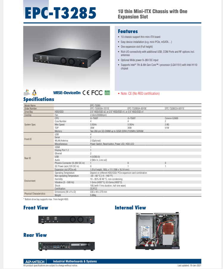 研華EPC-T3285 基于Intel第六/第七代桌面級 Core i3/i5/i7的1U超薄可擴(kuò)展嵌入式工控機(jī)，搭載H110芯片組