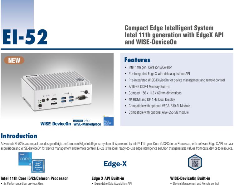 研華EI-52 研華EI-52，邊緣計(jì)算系統(tǒng)，支持 Intel 11th gen CPU，可選 Core i5 /i3 /Celeron 處理器，具備豐富擴(kuò)展接口 2 x LAN，2 x COM，6 x USB等，內(nèi)部可以通過 miniPCIe 或 M.2 擴(kuò)展AI加速卡實(shí)現(xiàn)工業(yè)AI機(jī)器視覺，搭載5G通訊模塊。