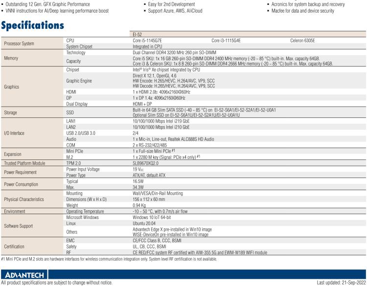 研華EI-52 研華EI-52，邊緣計(jì)算系統(tǒng)，支持 Intel 11th gen CPU，可選 Core i5 /i3 /Celeron 處理器，具備豐富擴(kuò)展接口 2 x LAN，2 x COM，6 x USB等，內(nèi)部可以通過 miniPCIe 或 M.2 擴(kuò)展AI加速卡實(shí)現(xiàn)工業(yè)AI機(jī)器視覺，搭載5G通訊模塊。