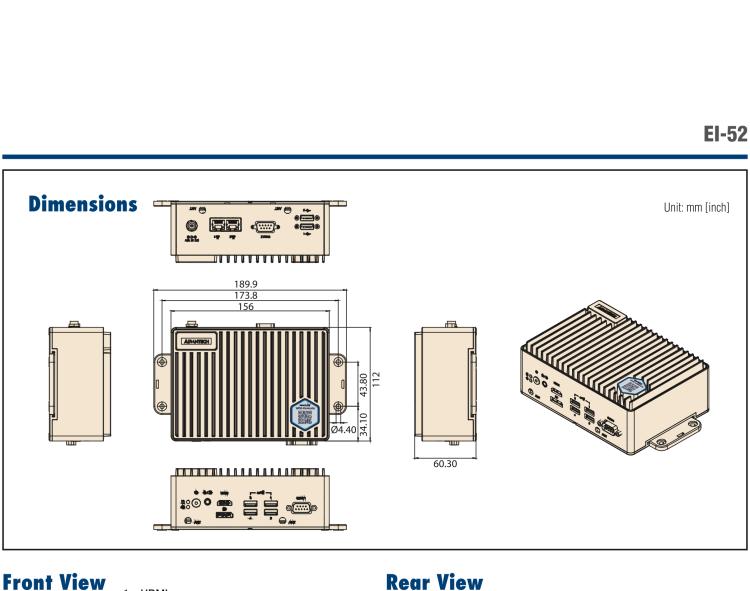研華EI-52 研華EI-52，邊緣計(jì)算系統(tǒng)，支持 Intel 11th gen CPU，可選 Core i5 /i3 /Celeron 處理器，具備豐富擴(kuò)展接口 2 x LAN，2 x COM，6 x USB等，內(nèi)部可以通過 miniPCIe 或 M.2 擴(kuò)展AI加速卡實(shí)現(xiàn)工業(yè)AI機(jī)器視覺，搭載5G通訊模塊。