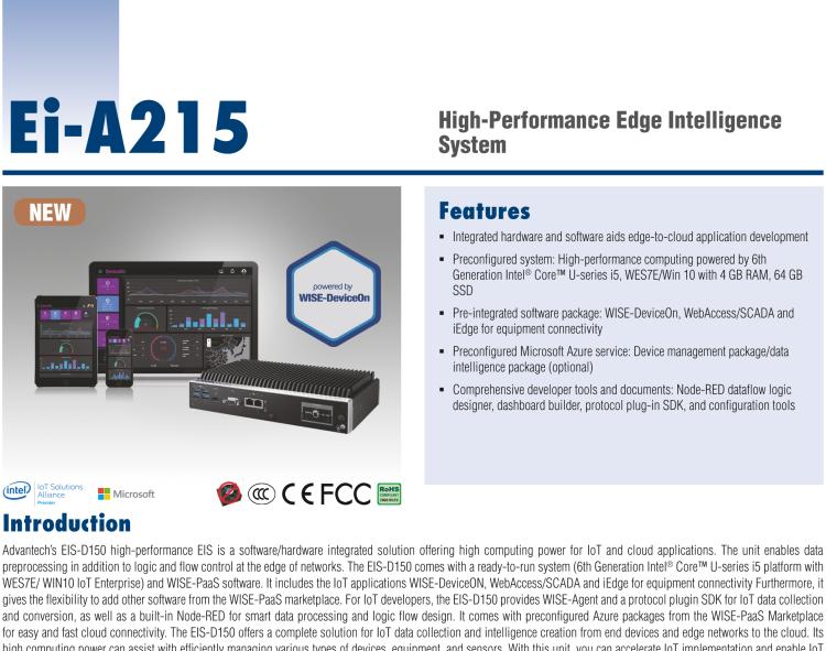 研華EI-A215 研華EI-A215，邊緣性計(jì)算系統(tǒng)，搭載Intel Core i5 6300U 處理器，4 GB內(nèi)存，64 GB 存儲(chǔ)，高性能邊緣智能設(shè)備，具備豐富擴(kuò)展接口 2 x LAN，4 x COM，6 x USB等，同時(shí)還可以擴(kuò)展 iDoor 或 ARK-Plus 模組增加更多的擴(kuò)展接口，搭配 5G 模塊。
