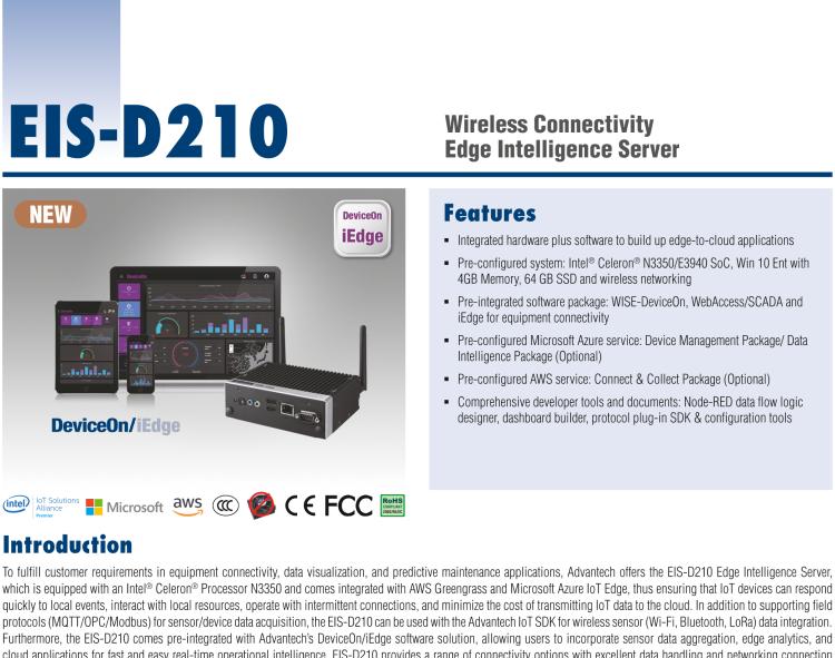 研華EIS-D210 研華EIS-D210，邊緣計(jì)算系統(tǒng)網(wǎng)關(guān)，Intel Celeron N3350 Dual Core SoC，最高支持 8 GB內(nèi)存，低功耗邊緣智能設(shè)備，具備豐富擴(kuò)展接口 2 x LAN，2 x COM，4 x USB，1 x VGA等，搭配 Wifi 或 4G 模塊，可以實(shí)現(xiàn)無線數(shù)據(jù)傳輸，體積非常小