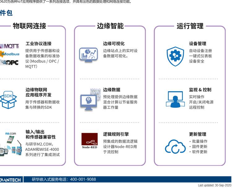 研華EIS-D620 研華EIS-D620，邊緣計算系統(tǒng)網(wǎng)關(guān)，基于Rockchip RK3399處理器，板載2GB內(nèi)存，16GB eMMC 存儲，低功耗邊緣智能設(shè)備，具備豐富擴展接口 2 x LAN，1 x COM，1 x USB，2 x HDMI等，體積非常小巧，適用于邊緣設(shè)備控制及數(shù)據(jù)采集等應用場景。