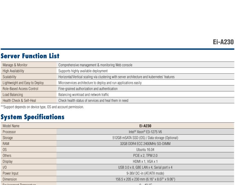 研華EI-A230 研華 EI-A230，邊緣計算系統(tǒng)服務器，搭載Intel Xeon E3-1275 V6 CPU，32GB RAM，512GB mSATA SSD，1T HDD *2，預裝Ubuntu 16.04操作系統(tǒng)。