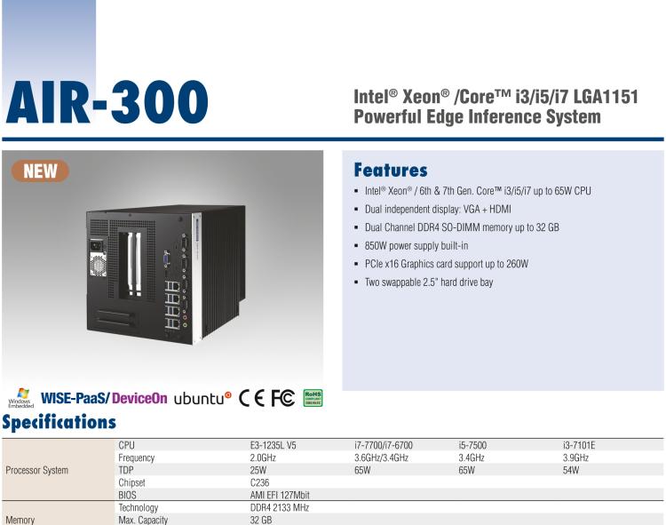 研華AIR-300 支持Intel Xeon / 6/7代Core?i3/i5/i7處理器，AI計算平臺，可擴(kuò)展 PCIe x16 GPU全尺寸卡