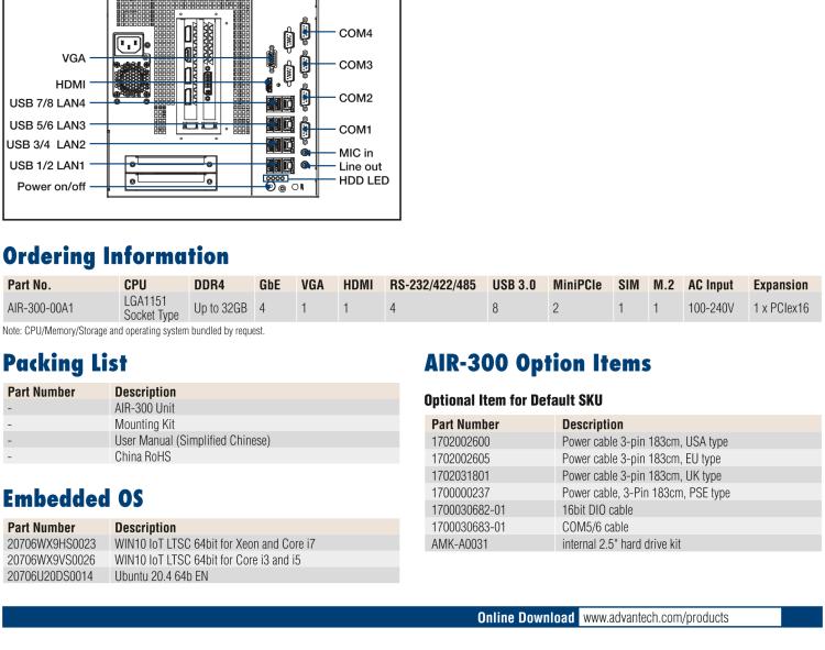 研華AIR-300 支持Intel Xeon / 6/7代Core?i3/i5/i7處理器，AI計算平臺，可擴(kuò)展 PCIe x16 GPU全尺寸卡