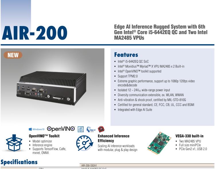 研華AIR-200 基于Intel Core i5-6442EQ處理器，AI計算平臺，內(nèi)置Myriad X VPU * 2