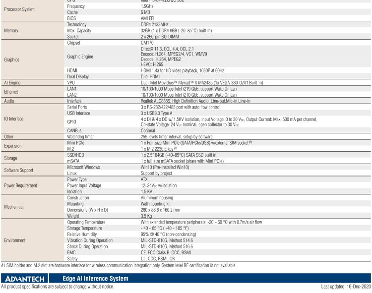 研華AIR-200 基于Intel Core i5-6442EQ處理器，AI計算平臺，內(nèi)置Myriad X VPU * 2