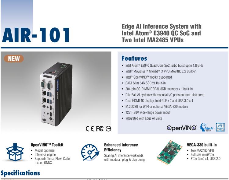 研華AIR-101 基于Intel Atom E3940處理器，AI計(jì)算平臺，內(nèi)置Myriad X VPU * 2
