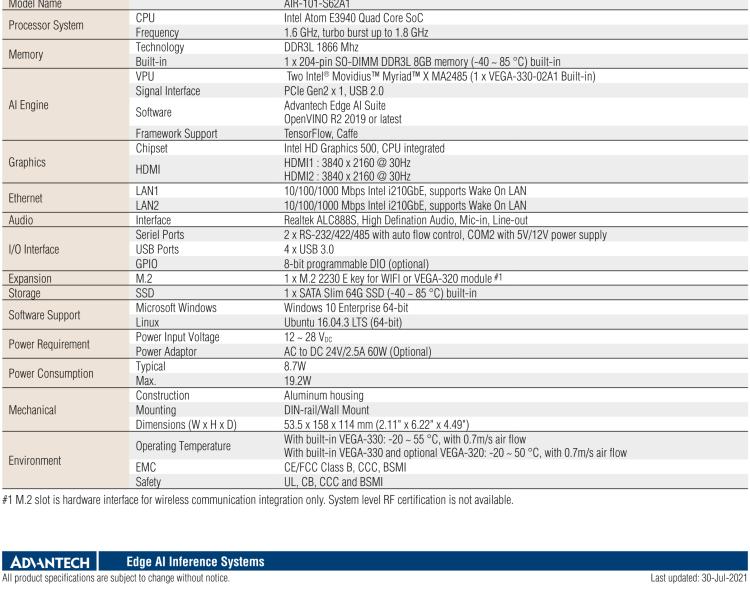 研華AIR-101 基于Intel Atom E3940處理器，AI計(jì)算平臺，內(nèi)置Myriad X VPU * 2