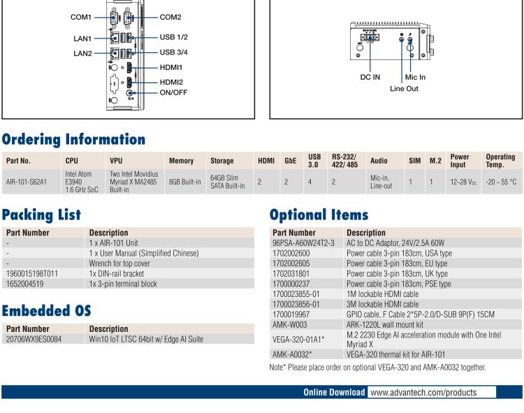研華AIR-101 基于Intel Atom E3940處理器，AI計(jì)算平臺，內(nèi)置Myriad X VPU * 2