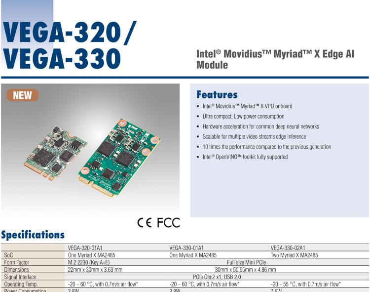 研華VEGA-330 基于Intel Movidius? Myriad? X VPU，miniPCIe Edge AI 模塊，VPU*2