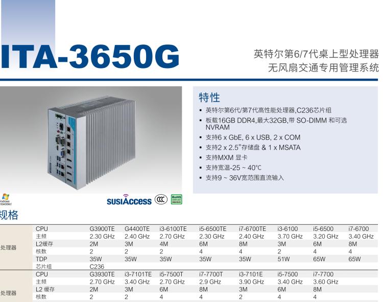 研華ITA-3650G 英特爾第六代和第七代臺式機(jī)無風(fēng)扇系統(tǒng)，具有GPU模組，用于交通行業(yè)
