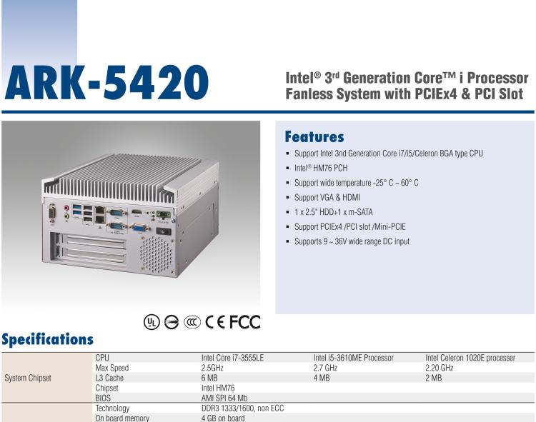 研華ARK-5420 Intel? 第三代 Core? i 處理器無風扇嵌入式工控機，支持 PCIEx4 & PCI