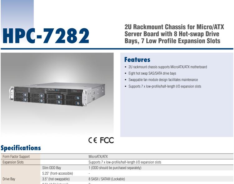 研華HPC-7282 2U 機(jī)架式機(jī)箱，適用于 Micro/ATX 服務(wù)器主板，支持8個(gè)2.5寸/3.5寸熱插拔硬盤，7個(gè)半高擴(kuò)展槽