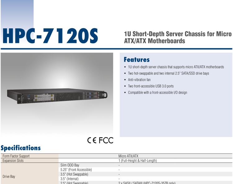 研華HPC-7120S 1U 上架式服務(wù)器短機箱，適用Micro ATX/ATX 服務(wù)器主板，支持1*全高/半長PCIe x16擴展插槽