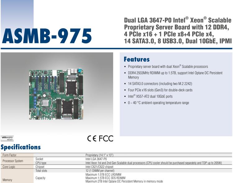 研華ASMB-975 雙路LGA3647-P0 Intel? Xeon? Scalable 服務(wù)器主板，帶12個 DDR4, 4個 PCIe x16 + 1個 PCIe x8 + 4 個PCIx4, 14 個 SATA3, 8 個USB3.0, Dual 10GbE, IPMI