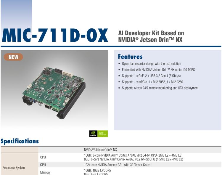 研華MIC-711D-OX MIC-711D-OX 是一款基于英偉達Jetson Orin NX 的 AI 開發(fā)套件，含有多個 I/O 接口，使客戶可以靈活開發(fā)新項目。