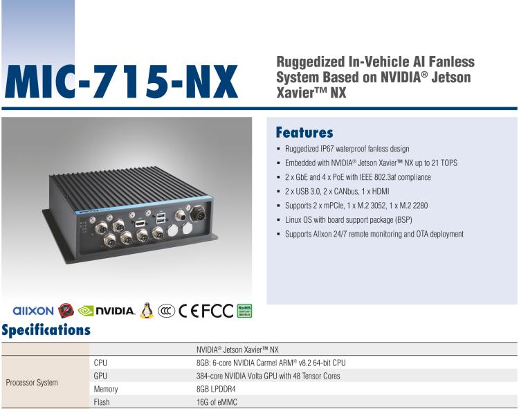 研華MIC-715 加固型AI 推理平臺(tái)，基于英偉達(dá)Jetson? Xavier NX，IP67防護(hù)等級(jí)