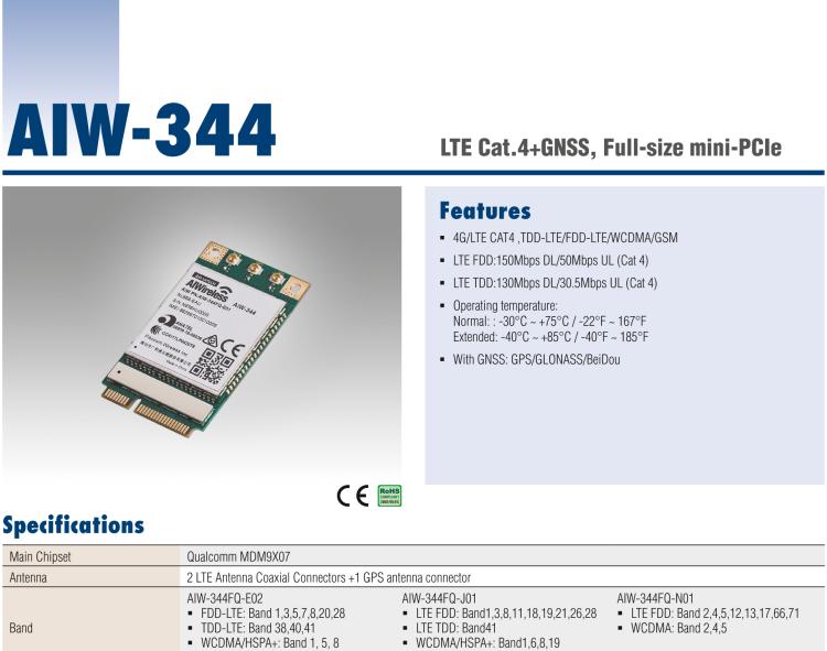 研華AIW-344 4G LTE CAT4：TDD LTE/FDD LTE/WCDMA/GSM和GPS。
