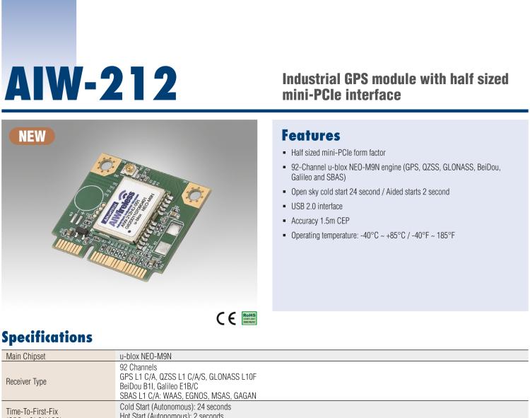 研華AIW-212 工業(yè)級(jí) GNSS（GPS、GLONASS、BeiDou、Galileo、QZSS和SBAS）模塊，半尺寸 mini-PCIe 規(guī)格。
