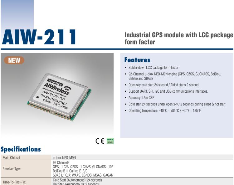 研華AIW-211 帶郵票型接口的工業(yè)級 GNSS（GPS、GLONASS、BeiDou、Galileo、QZSS和SBAS）模塊。