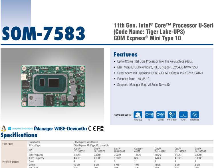 研華SOM-7583 第十一代 Intel? Core U系列處理器，COM Express Mini Type 10 模塊