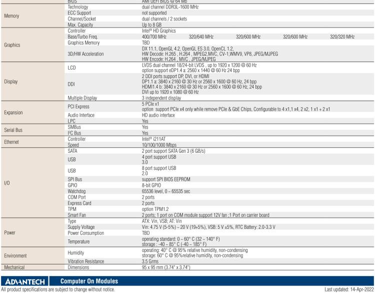 研華SOM-6868 Intel? Pentium?/Celeron? N3000 系列和 Atom ? SoC，COM Express Express Type 6 模塊