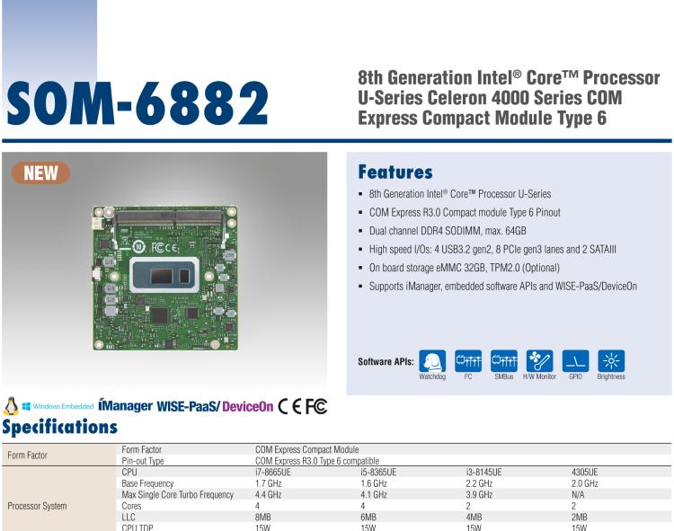 研華SOM-6882 第八代 Intel?Core 處理器，COM Express Compact R3.0 Type 6 模塊