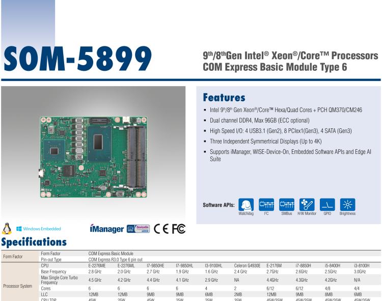 研華SOM-5899 第八代Intel Xeon/Core 處理器， COM Express Basic Type 6 模塊