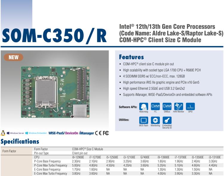 研華SOM-C350 Intel Alder Lake-S 可更換型 CPU，COM-HPC Client Size C 模塊