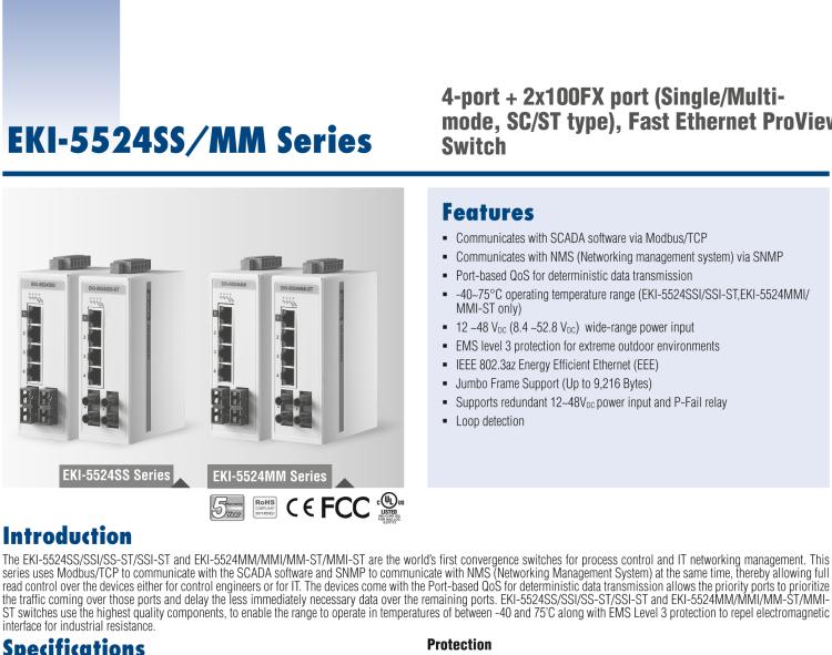 研華EKI-5524MMI-ST 2光4電百兆ProView(組態(tài))系列工業(yè)以太網(wǎng)交換機(包含單模/多模、SC/ST接口)