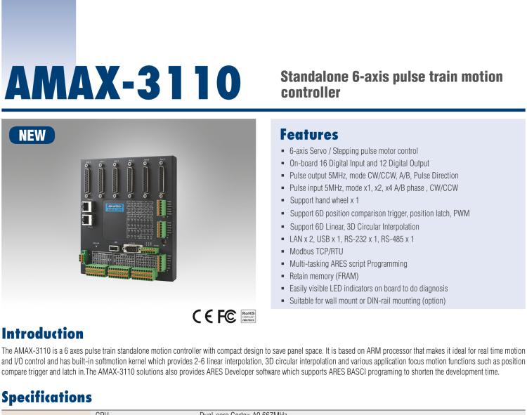 研華AMAX-3110 AMAX-3110是一個(gè)6軸脈沖序列獨(dú)立式運(yùn)動(dòng)控制器，一體化精巧的設(shè)計(jì)，節(jié)省空間