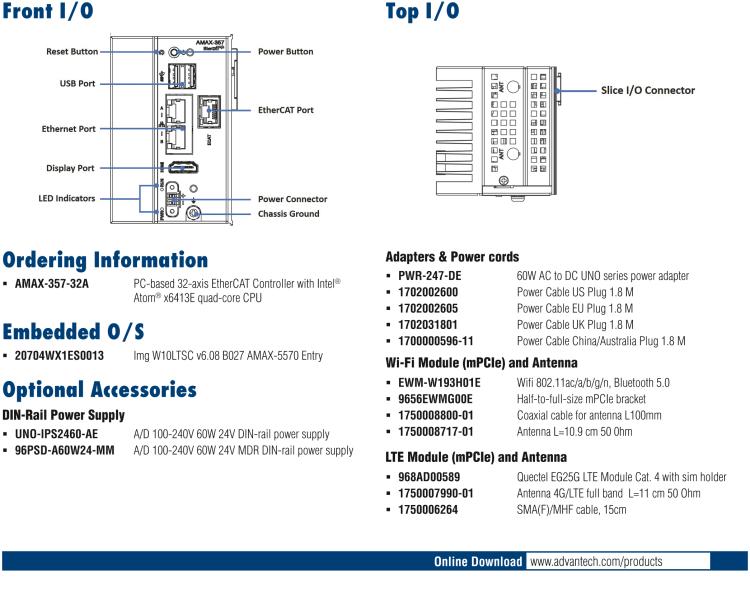 研華AMAX-357 超微型EtherCAT運動控制器，基于PC架構開發(fā)，配置了Intel Atom處理器，具有64GB eMMC、2 x LAN、2 x USB和Slice IO擴展