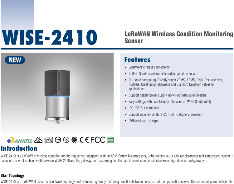 研華WISE-2410 WISE-2410是LoRaWA N無線振動溫度監(jiān)控傳感器，電池使用周期為2年。