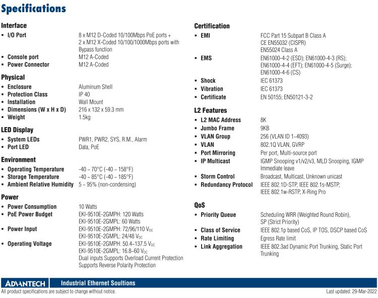 研華EKI-9510E-2GMPH 10個(gè)百兆M12 POE端口網(wǎng)管EN50155交換機(jī)， 支持72/96/110 VDC供電