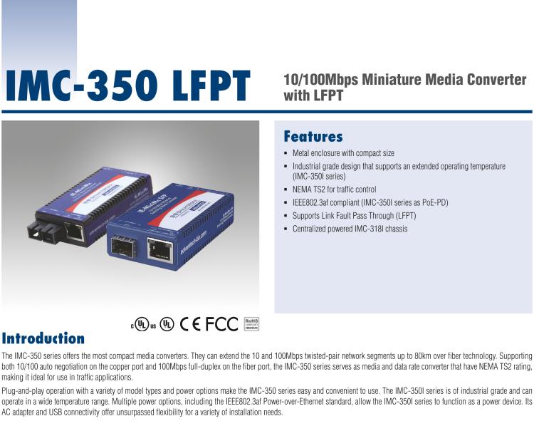 研華IMC-350-SFP-PS-A 緊湊型光電轉(zhuǎn)換器，100Base-TX/FX，SFP，AC適配器（也被稱為BB-855-10619）
