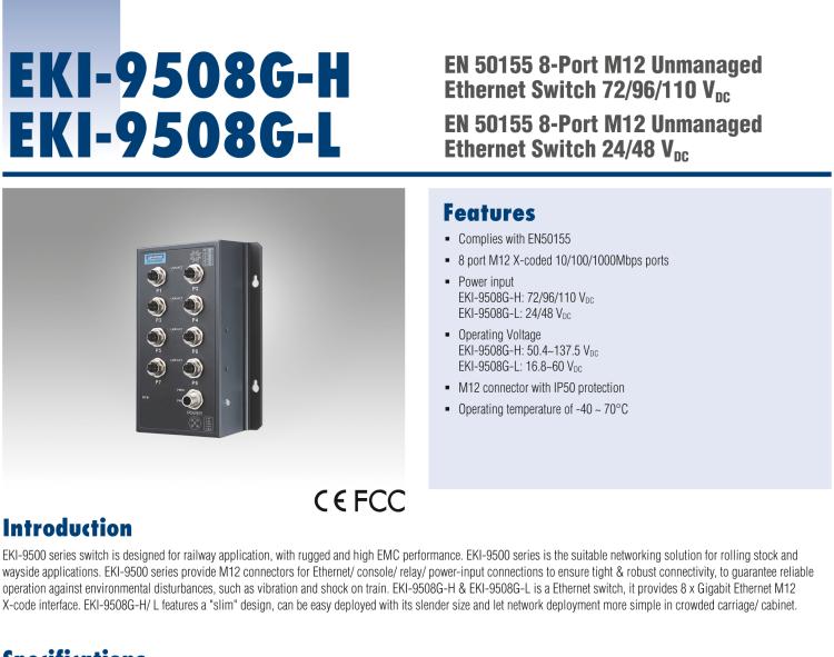研華EKI-9508G-H 8個千兆M12端口非網(wǎng)管EN50155交換機， 支持72/96/110 VDC供電