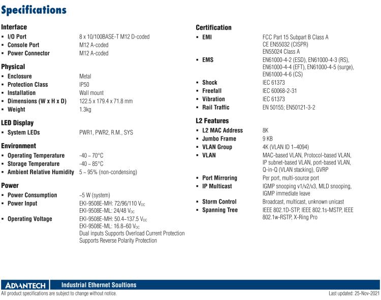 研華EKI-9508E-MH 8個百兆M12端口非網(wǎng)管EN50155交換機， 支持72/96/110 VDC供電
