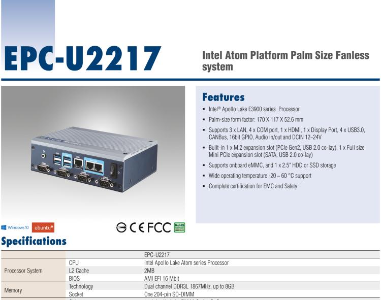 研華EPC-U2217 Intel Atom第六代Apollo Lake無風(fēng)扇嵌入式工控機，3LAN，板載eMMC，CANBUS
