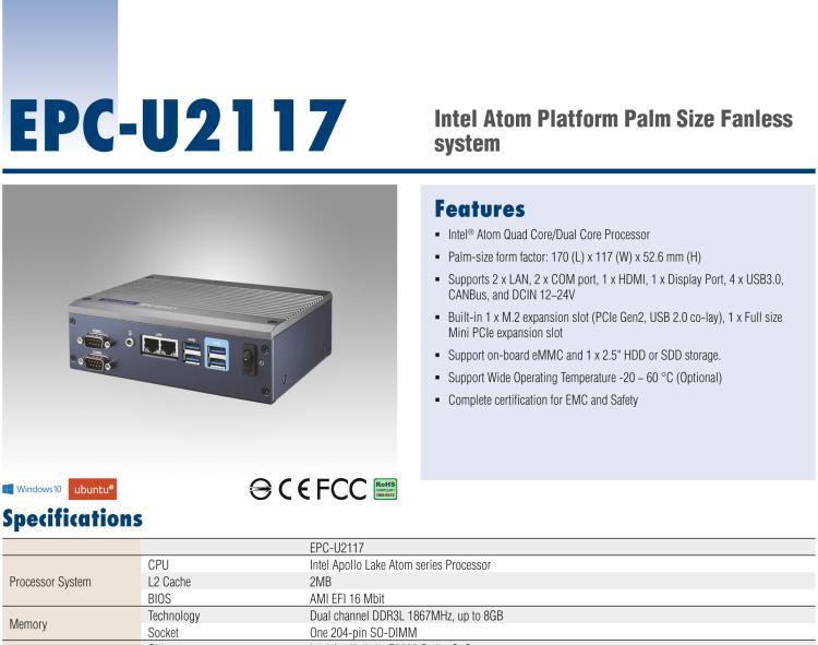 研華EPC-U2117 Intel Atom第六代Apollo Lake無風(fēng)扇嵌入式工控機(jī)，板載eMMC，CANBUS