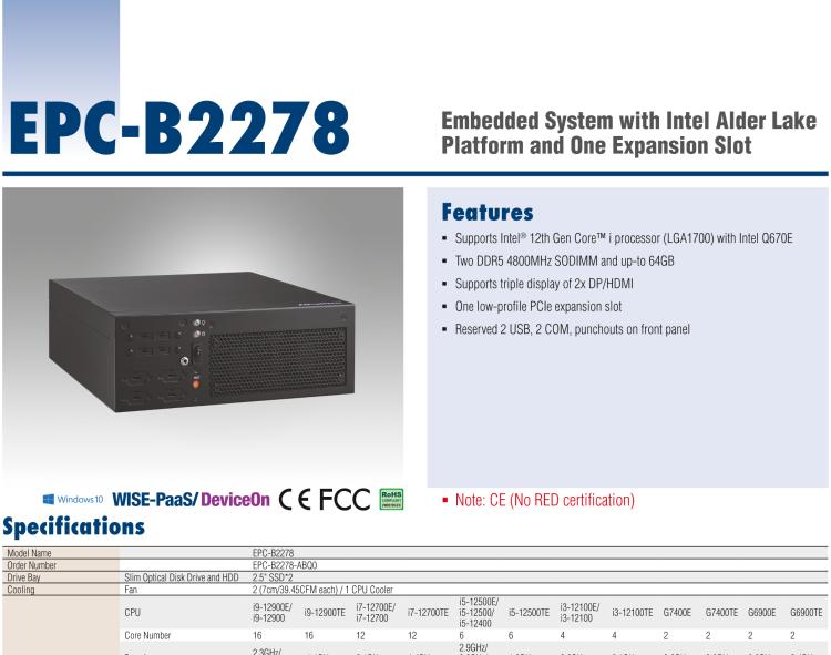 研華EPC-B2278 適配Intel 第12代 Core i 系列處理器，搭載Q670E芯片組。2U高度，精簡(jiǎn)尺寸，性能強(qiáng)勁，是小尺寸高性能場(chǎng)景的理想解決方案。