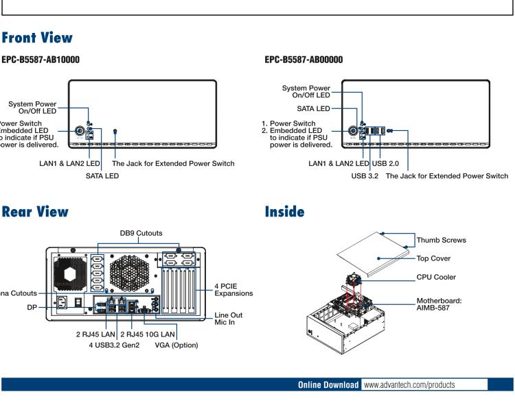 研華EPC-B5587 適配Intel? 第10代 Core i / Xeon W系列處理器，搭載W480E芯片組。標(biāo)準(zhǔn)4U上架，工業(yè)級品質(zhì)，穩(wěn)定可靠。廣泛適用于高端AI服務(wù)器等應(yīng)用。