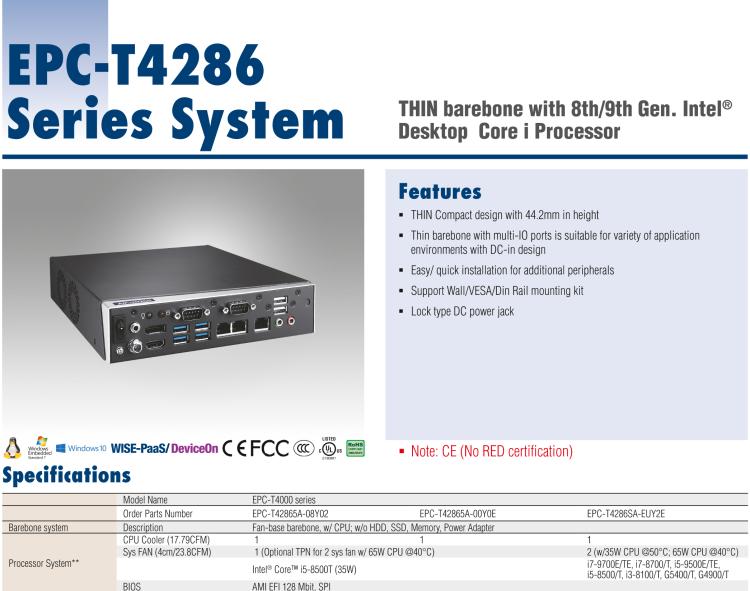 研華EPC-T4286 適配Intel? 第8/9代 Core? i 系列處理器，搭載H310芯片組。1U超薄高度，性能強(qiáng)勁。