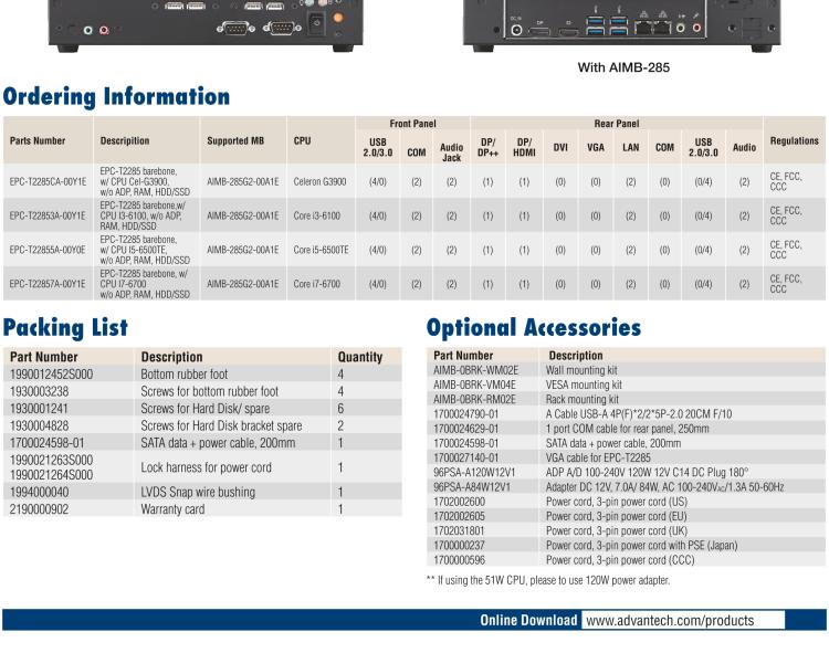 研華EPC-T2285 適配Intel? 第6/7代 Core? i 系列處理器，搭載H110芯片組。1U超薄高度，性能強勁。