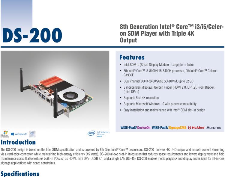 研華DS-200 Intel ? 第八代 Core? i3/i5 SDM，支持4K三顯的數(shù)字標(biāo)牌播放器