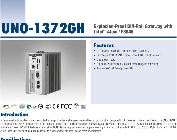 研華UNO-1372GH 通過(guò)Class I，Division 2認(rèn)證的導(dǎo)軌安裝工業(yè)控制器，搭配英特爾?凌動(dòng)?四核處理器