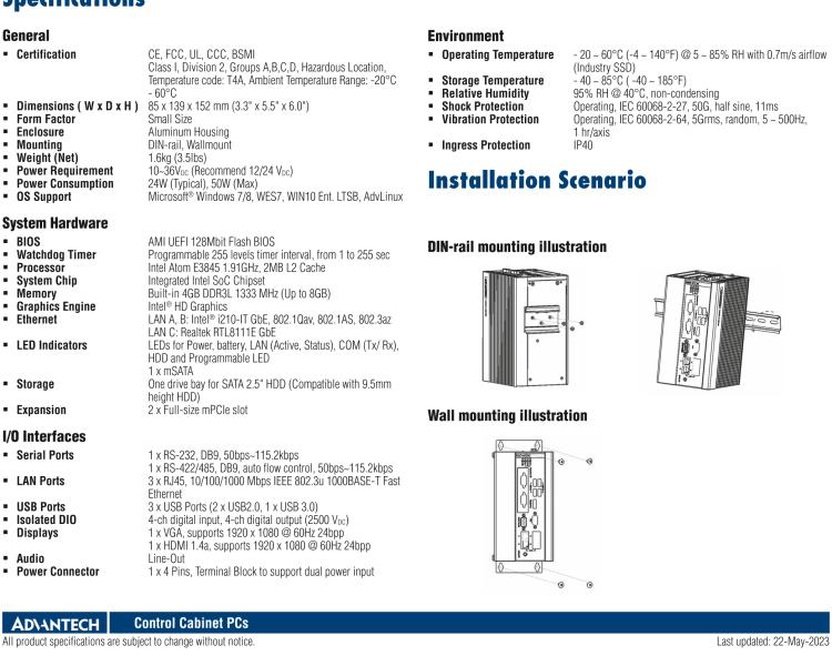 研華UNO-1372GH 通過(guò)Class I，Division 2認(rèn)證的導(dǎo)軌安裝工業(yè)控制器，搭配英特爾?凌動(dòng)?四核處理器
