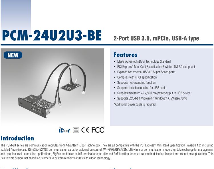 研華PCM-24U2U3 2端口USB 3.0，mPCIe，USB-A型